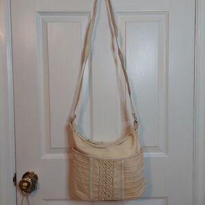 Vintage Cream Woven Braided Cotton Faux Leather Crossbody Bag Cottagecore Boho